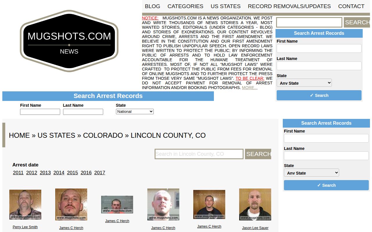 Unofficial stale Lincoln County mugshot archive with historical year filters