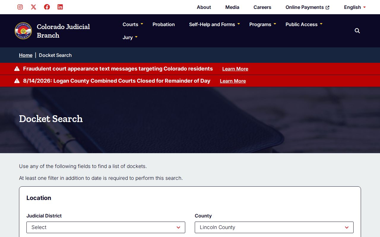 Lincoln County warrant check using the official Colorado court docket interface